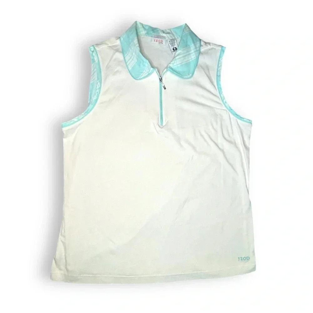 Izod Women’s Sleeveless Polo Shirt XFG Stretch White & Aqua Plaid Collar - XL